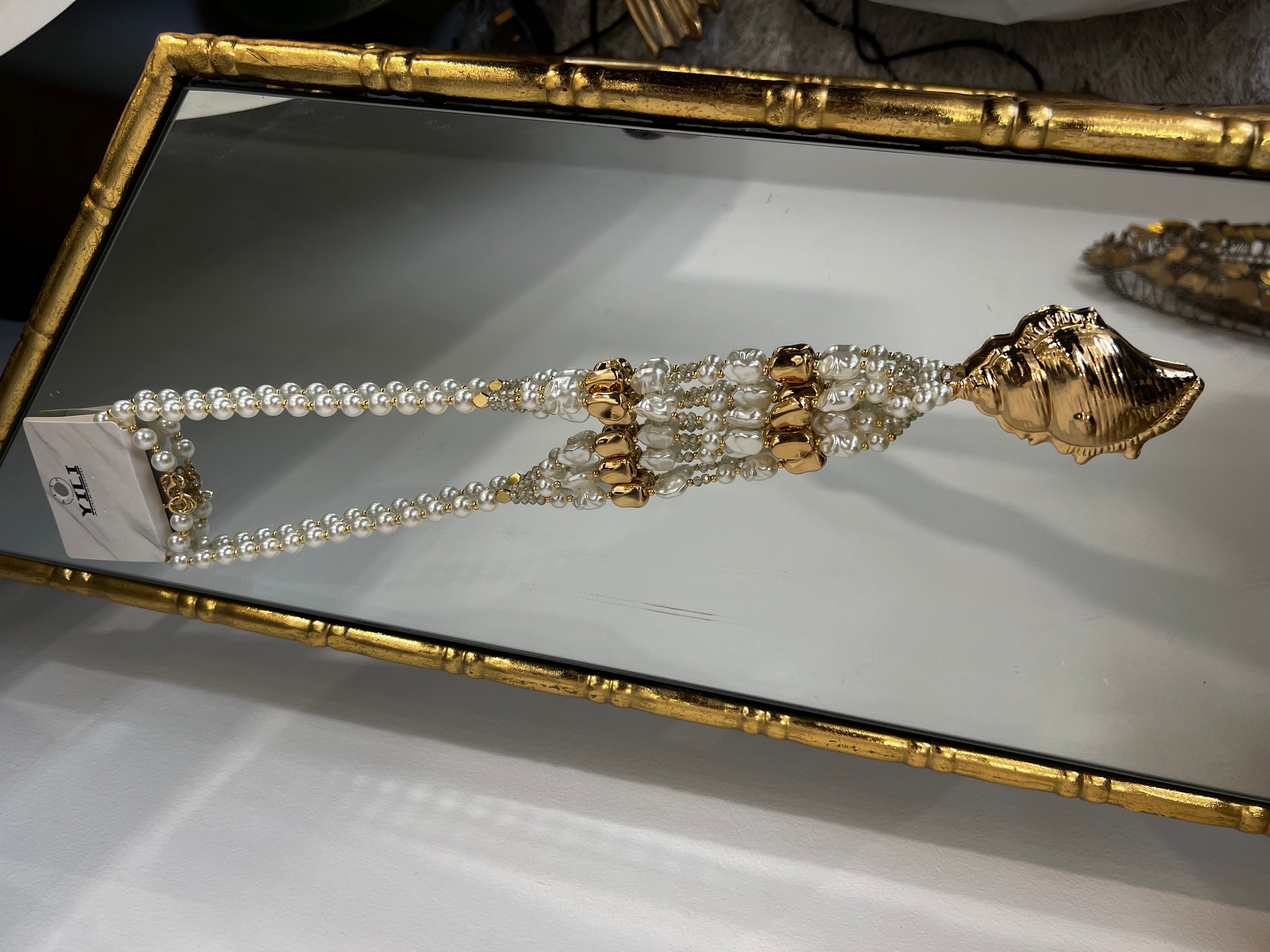 Sea shell pearl & gold long necklace