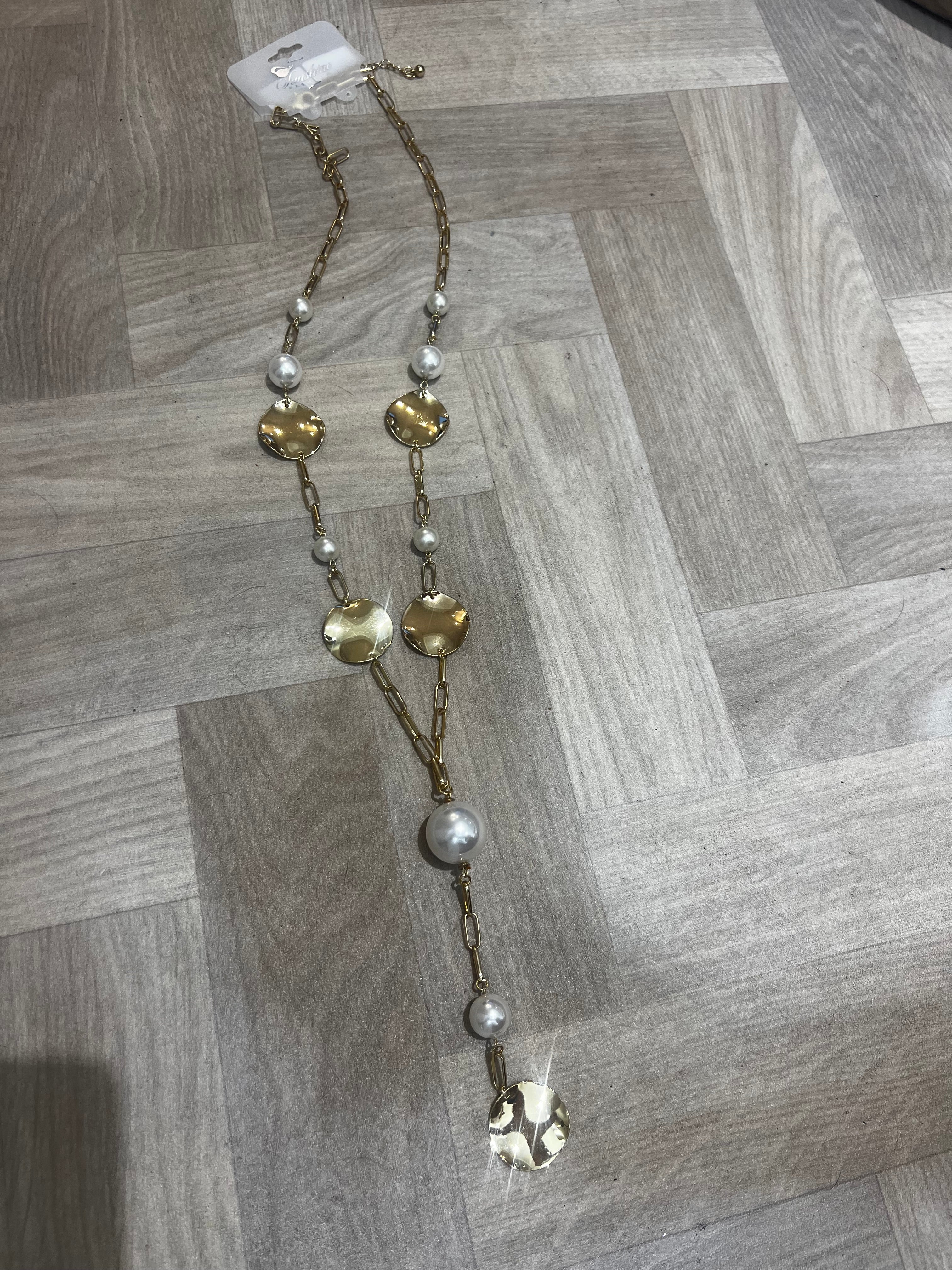 Gold long pearl necklace