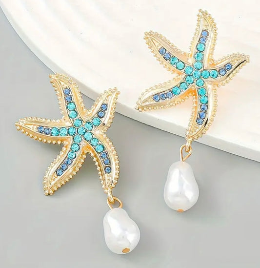 Star fish diamanté Pearl droplet earrings