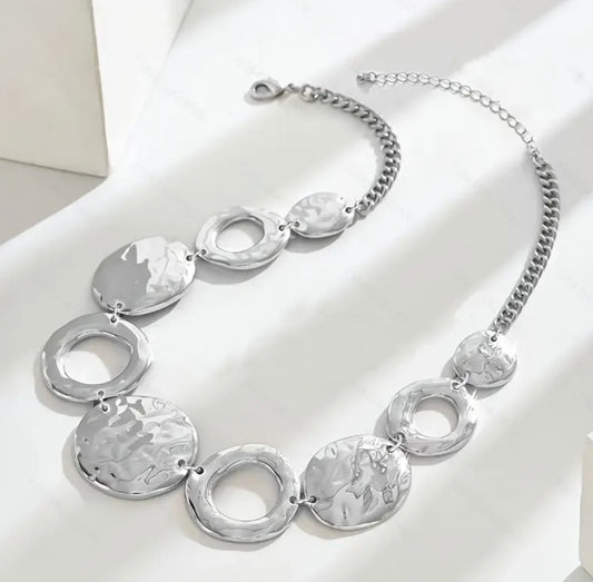 Silver chunky round disk necklace