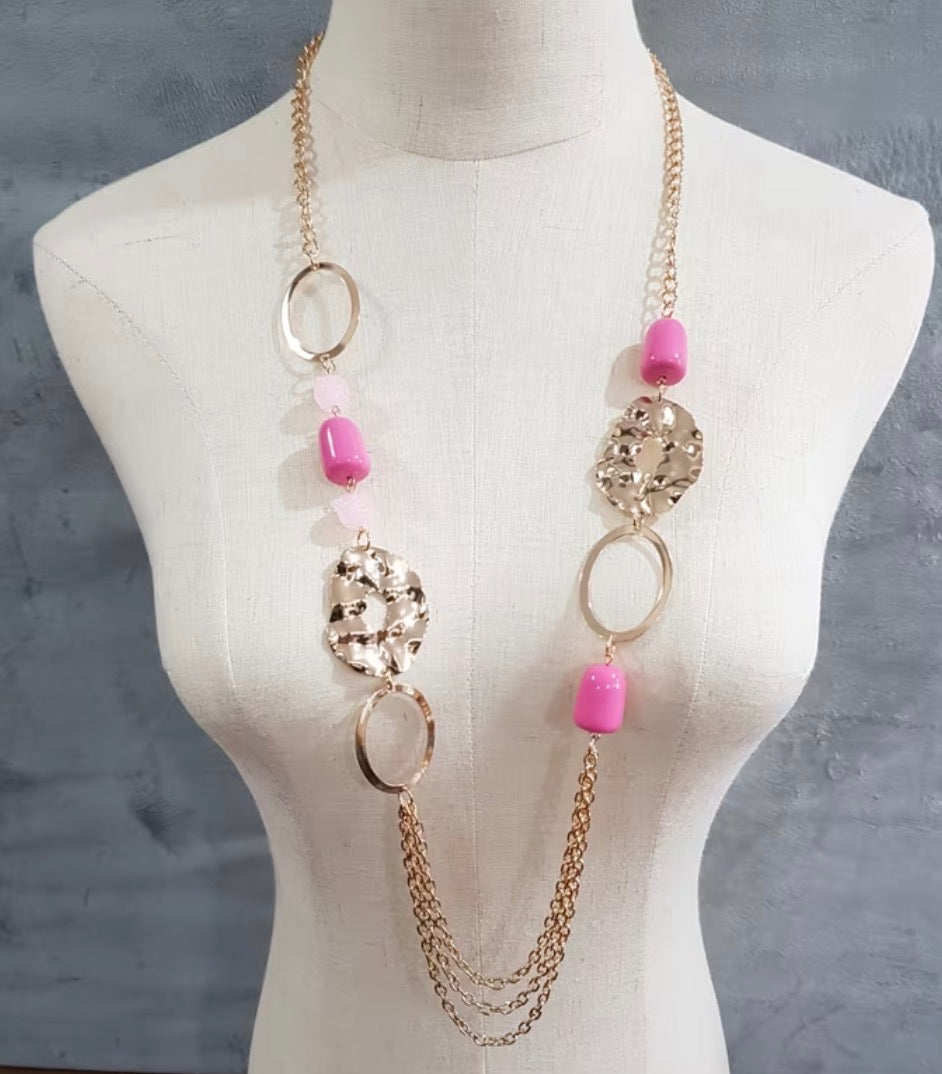 Pink and gold long statement necklace