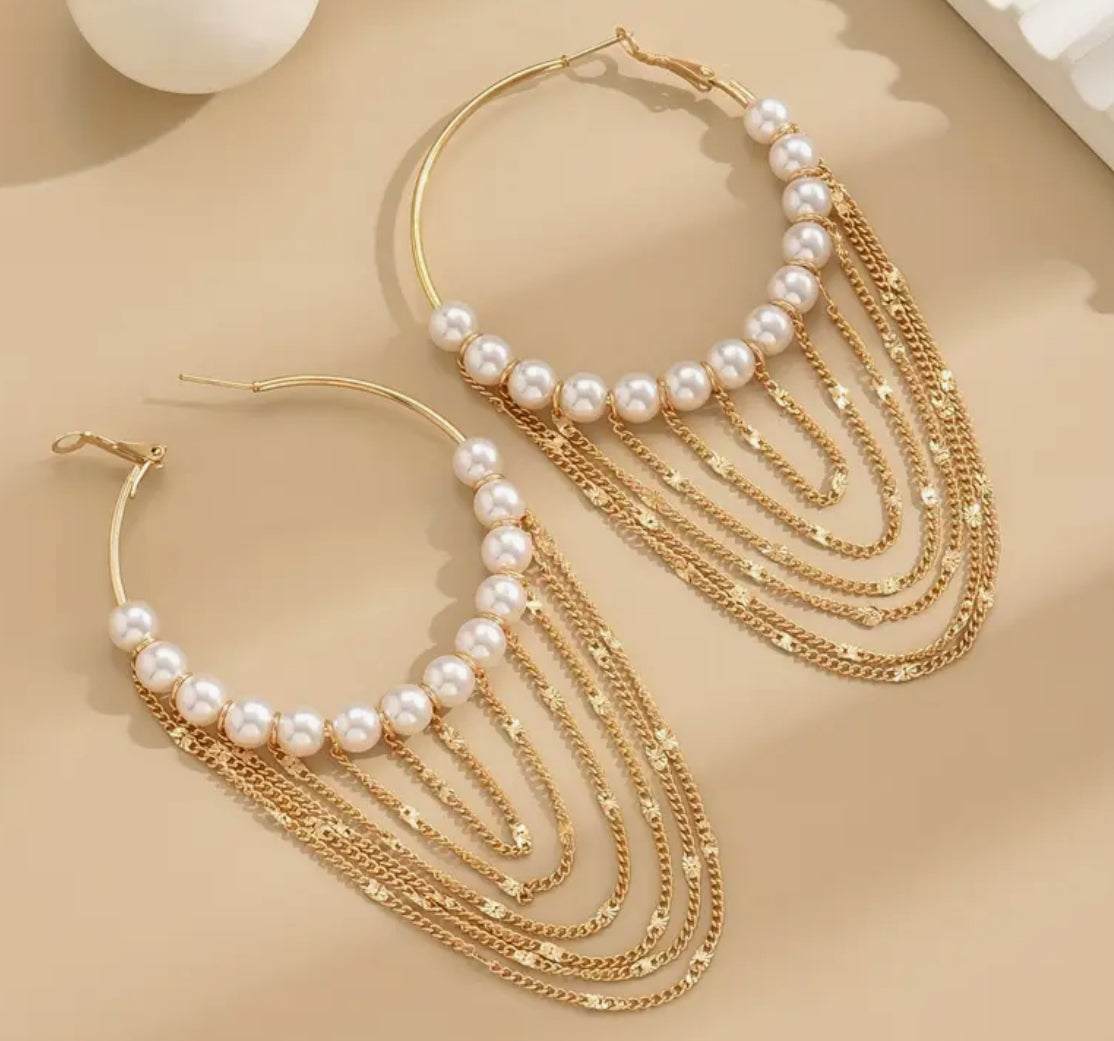 Gold pearl hoop earrings