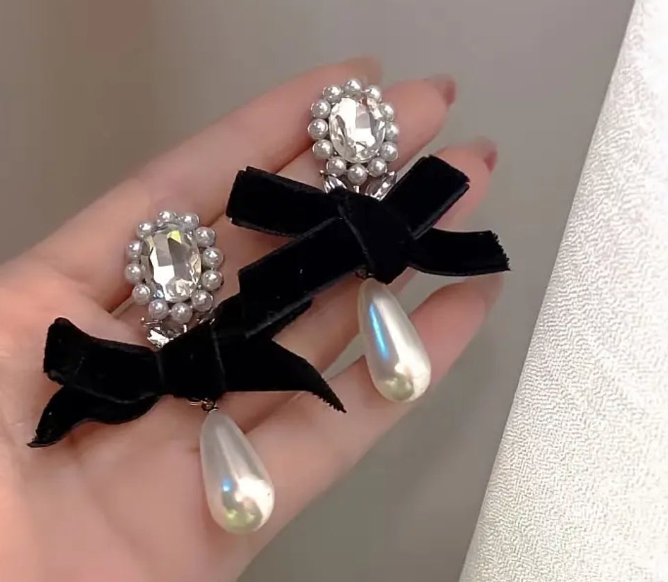 CLIP On Black festive velvet bow pearl drop earrings