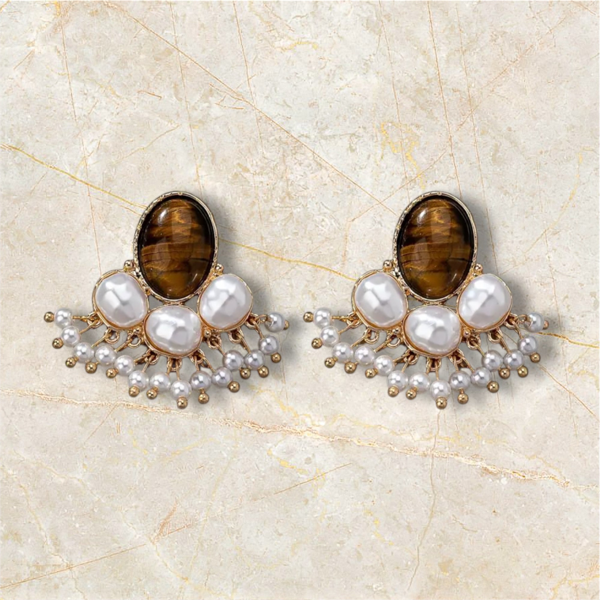 Tiger eye French pearl earrings