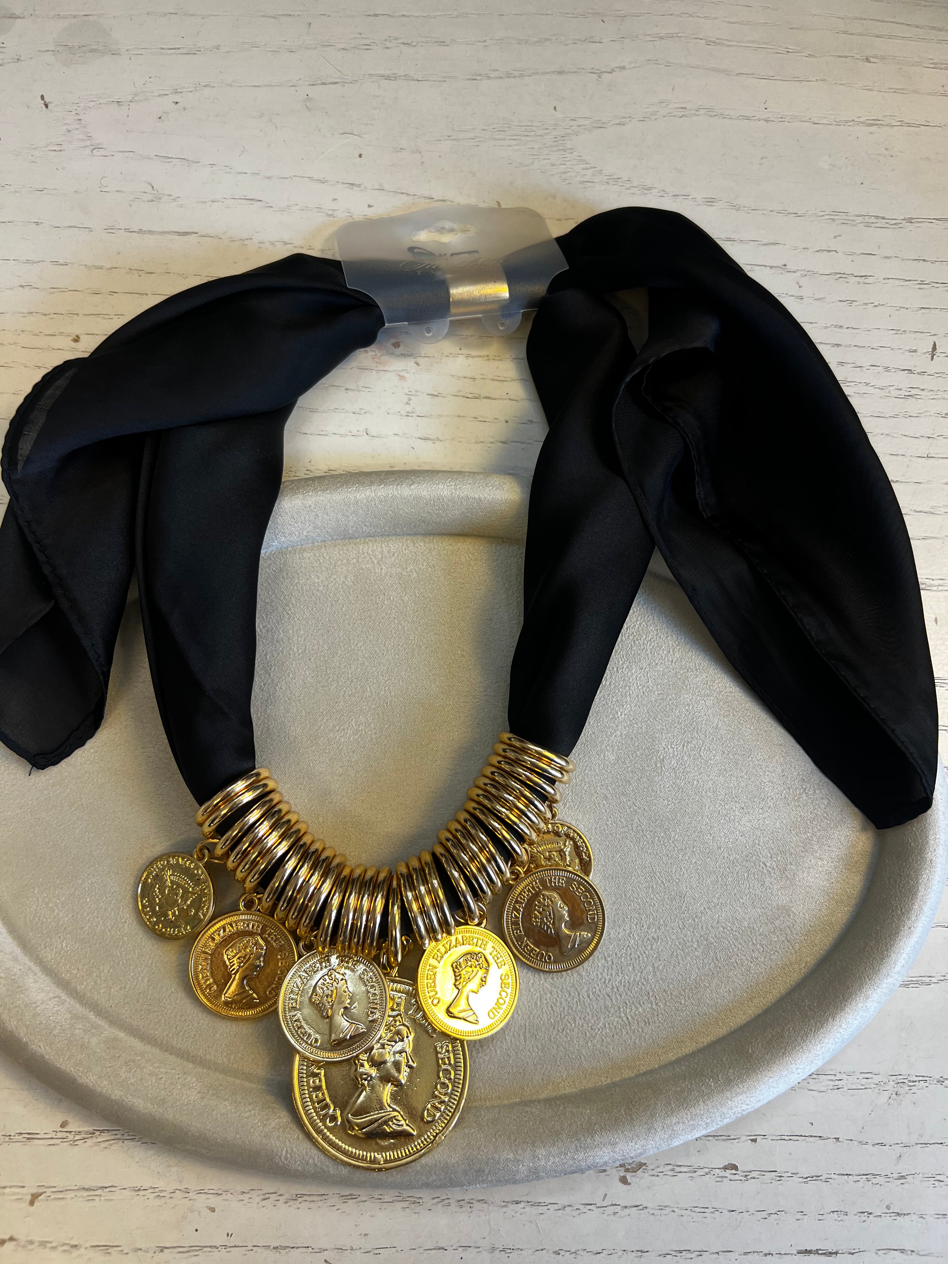 Black scarf coin necklace